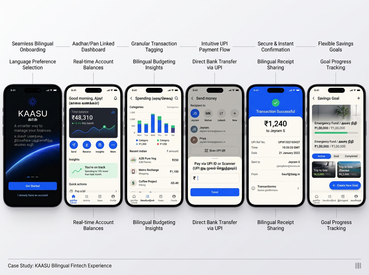 Six KAASU Indian fintech mobile app screens with rupee values and Tamil details